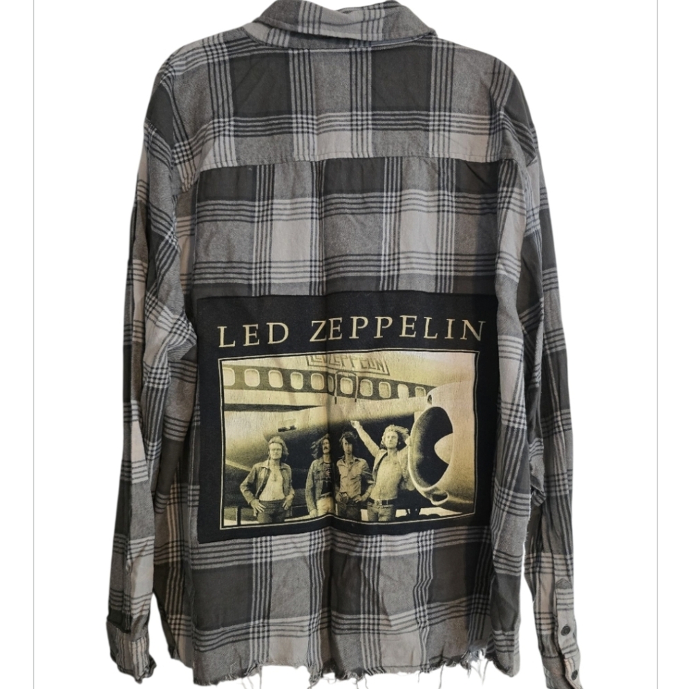 Upcycled Hand Crafted Led Zepplin Black And Grsy Flannel Size XXL in EUC